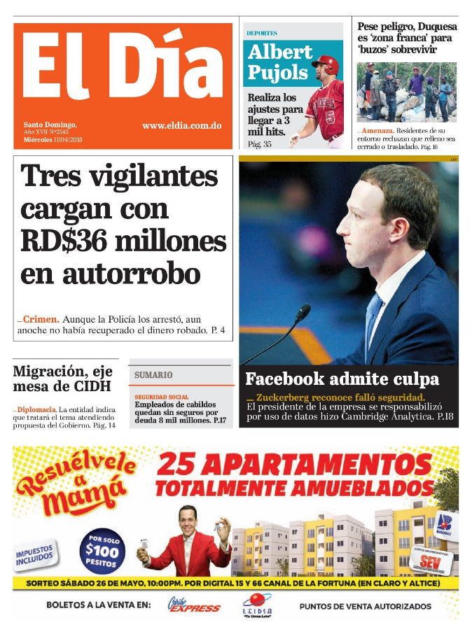 Portada Periódico El Día, Miércoles 11 de Abril 2018