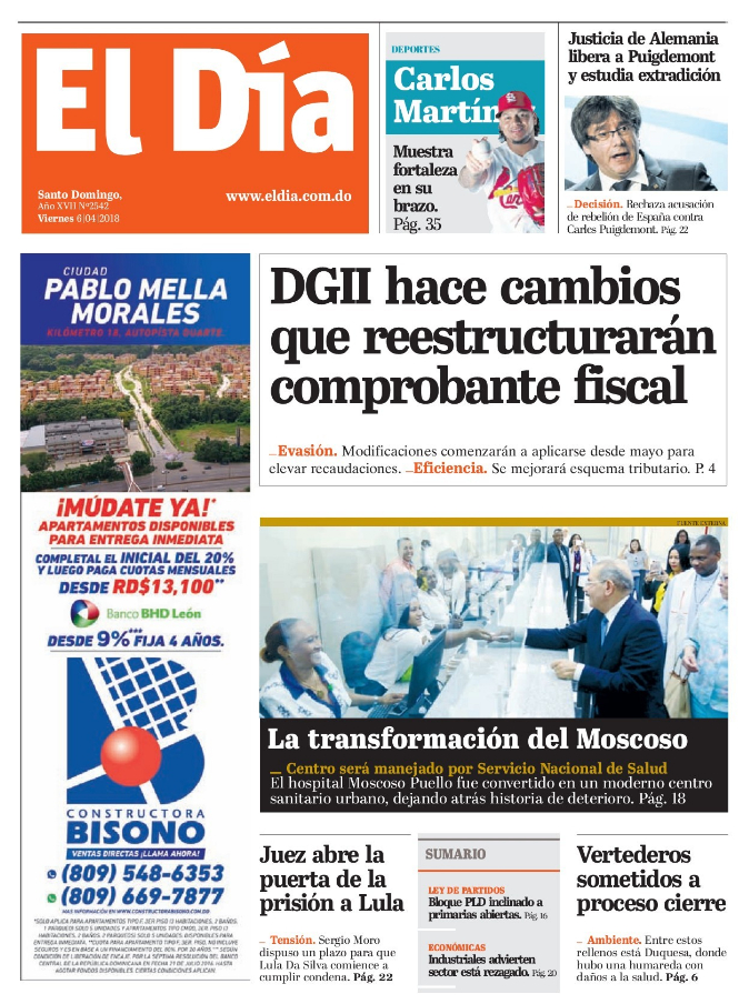 Portada Periódico El Día, Viernes 06 de Abril 2018