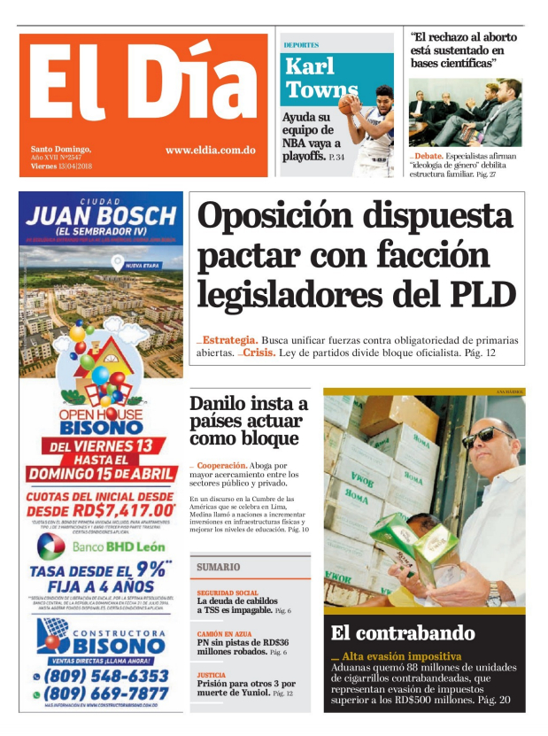 Portada Periódico El Día, Viernes 13 de Abril 2018