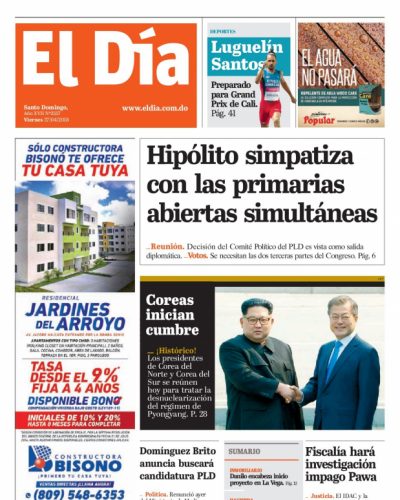 Portada Periódico El Día, Viernes 27 de Abril 2018