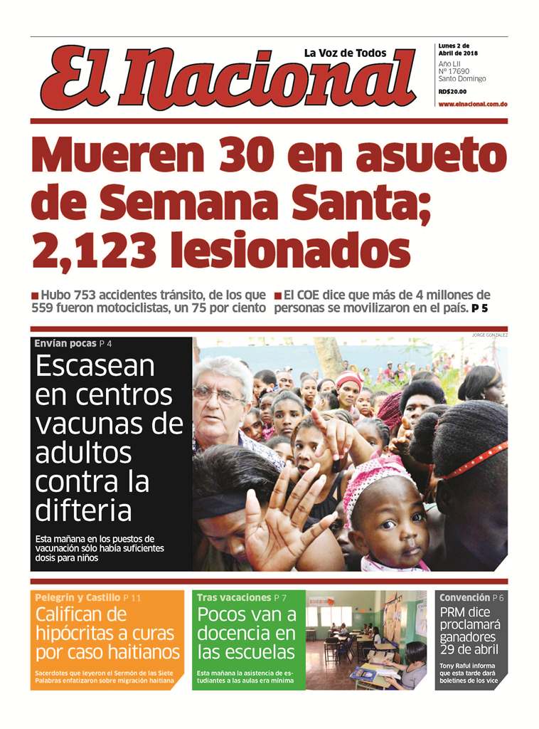 Portada Periódico El Nacional, Lunes 02 de Abril 2018