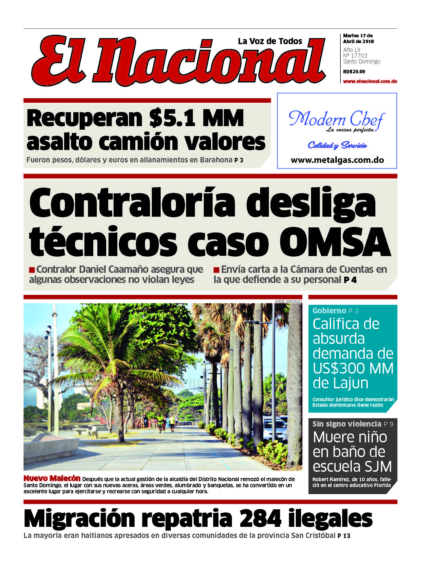 Portada Periódico El Nacional, Martes 17 de Abril 2018