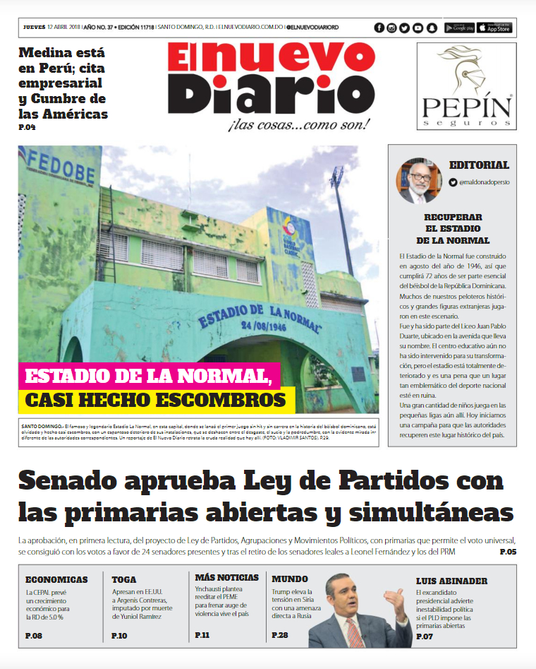 Portada Periódico El Nuevo Diario, Jueves 12 de Abril 2018
