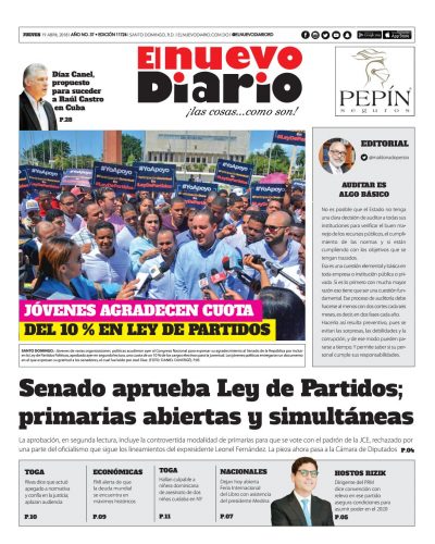 Portada Periódico El Nuevo Diario, Jueves 19 de Abril 2018