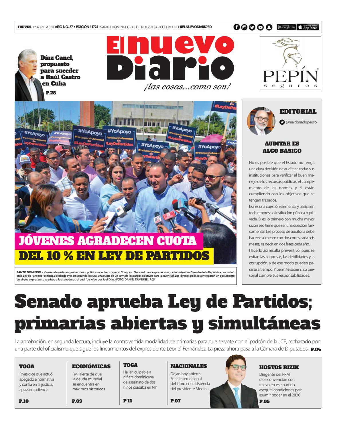 Portada Periódico El Nuevo Diario, Jueves 19 de Abril 2018