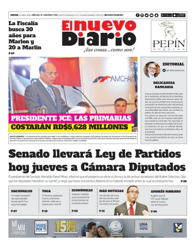 Portada Periódico El Nuevo Diario, Jueves 26 de Abril 2018