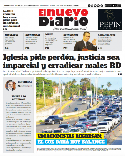 Portada Periódico El Nuevo Diario, Lunes 02 de Abril 2018