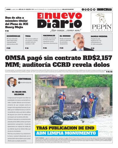 Portada Periódico El Nuevo Diario, Lunes 16 de Abril 2018
