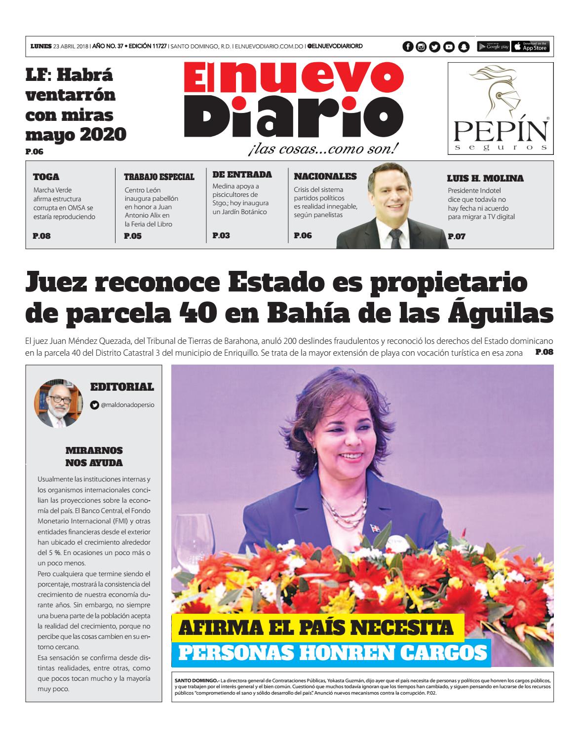 Portada Periódico El Nuevo Diario, Lunes 23 de Abril 2018