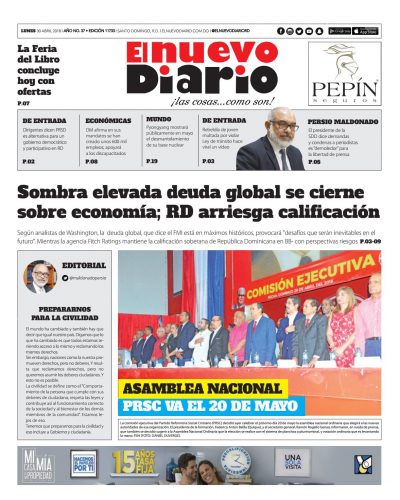 Portada Periódico El Nuevo Diario, Lunes 30 de Abril 2018