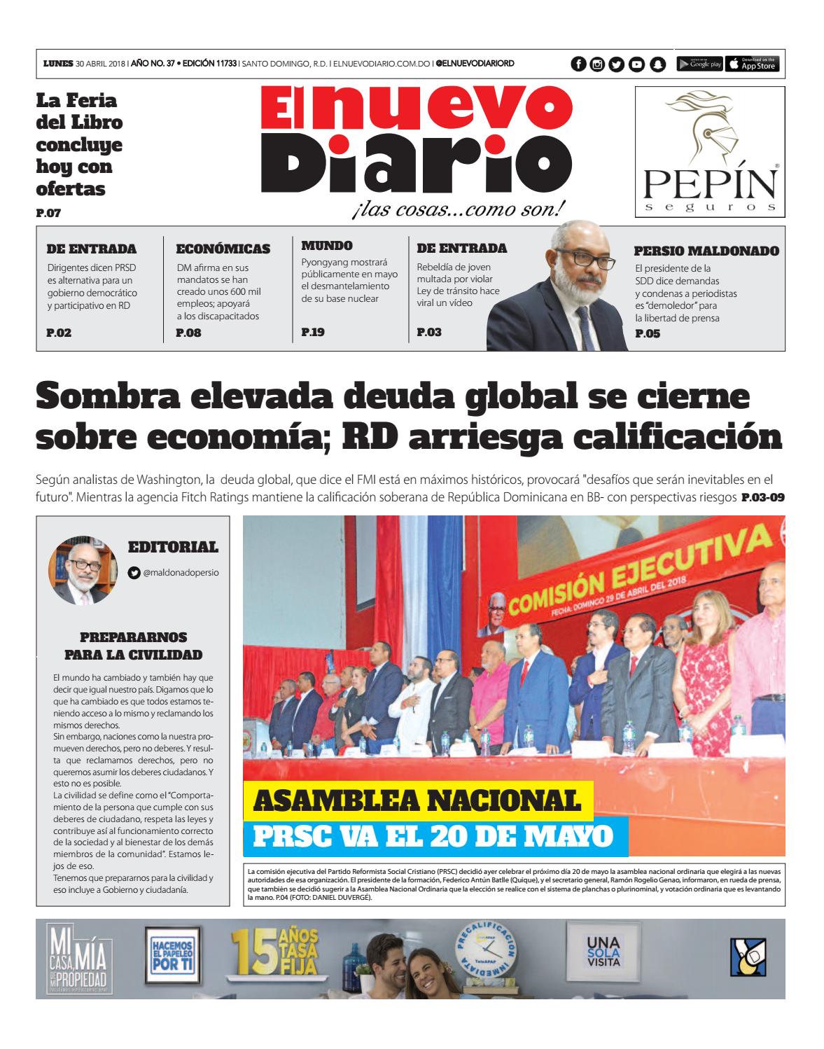 Portada Periódico El Nuevo Diario, Lunes 30 de Abril 2018