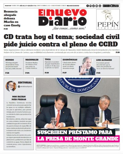 Portada Periódico El Nuevo Diario, Martes 10 de Abril 2018