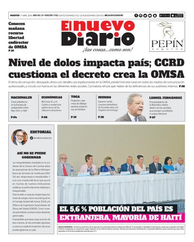 Portada Periódico El Nuevo Diario, Martes 17 de Abril 2018