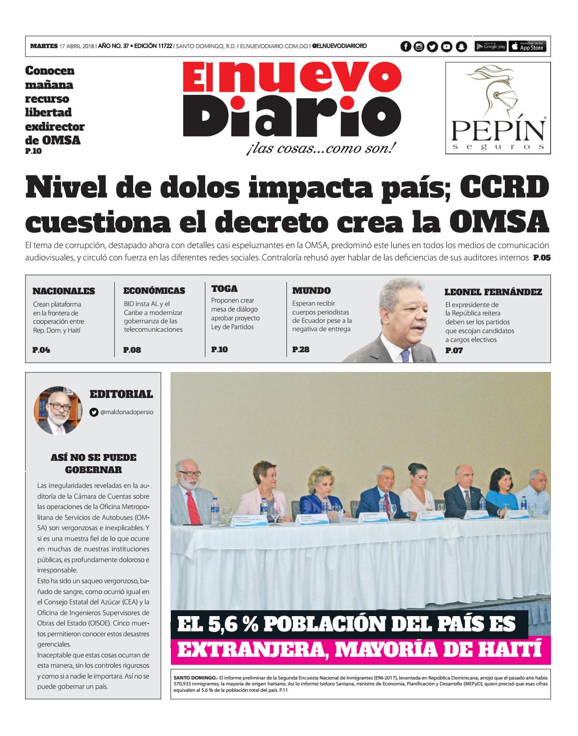 Portada Periódico El Nuevo Diario, Martes 17 de Abril 2018