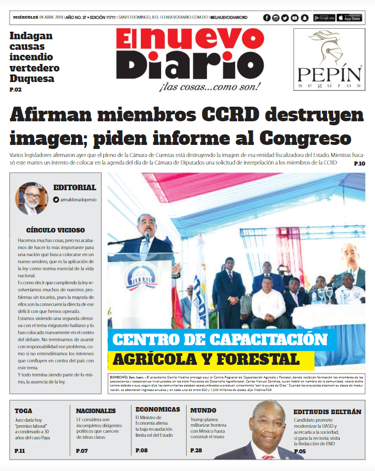 Portada Periódico El Nuevo Diario, Miércoles 04 de Abril 2018