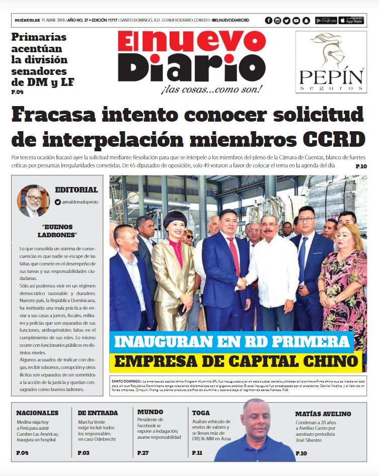 Portada Periódico El Nuevo Diario, Miércoles 11 de Abril 2018
