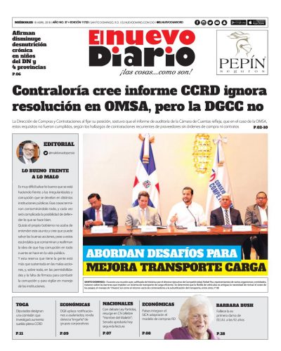 Portada Periódico El Nuevo Diario, Miércoles 18 de Abril 2018
