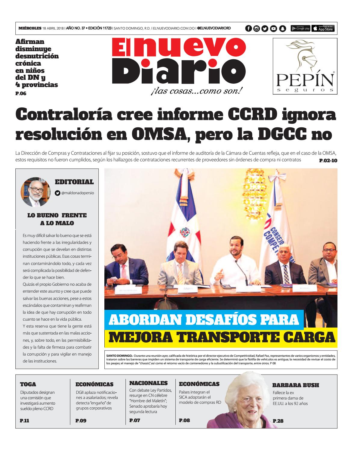 Portada Periódico El Nuevo Diario, Miércoles 18 de Abril 2018