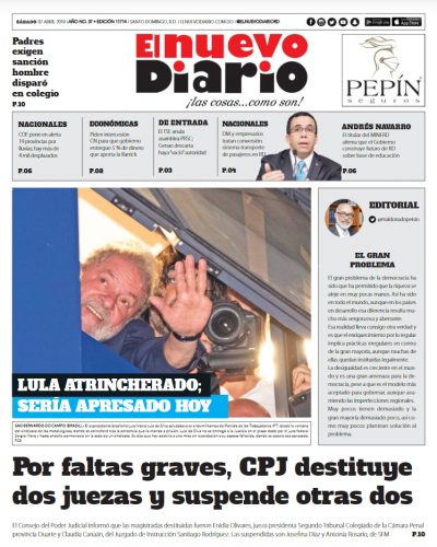 Portada Periódico El Nuevo Diario, Sábado 07 de Abril 2018