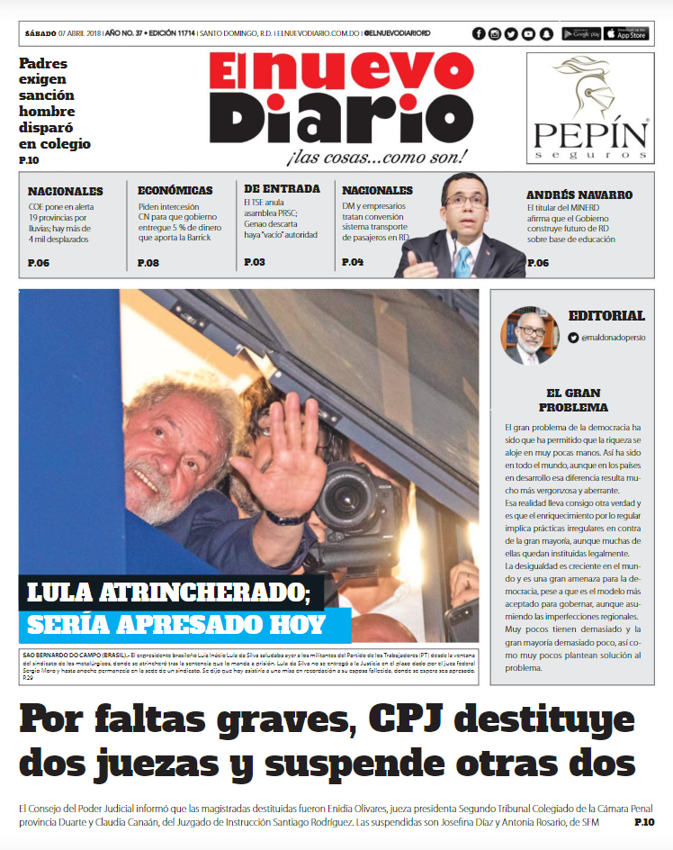 Portada Periódico El Nuevo Diario, Sábado 07 de Abril 2018