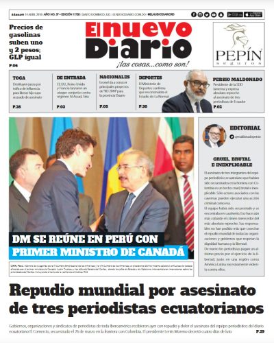 Portada Periódico El Nuevo Diario, Sábado 14 de Abril 2018