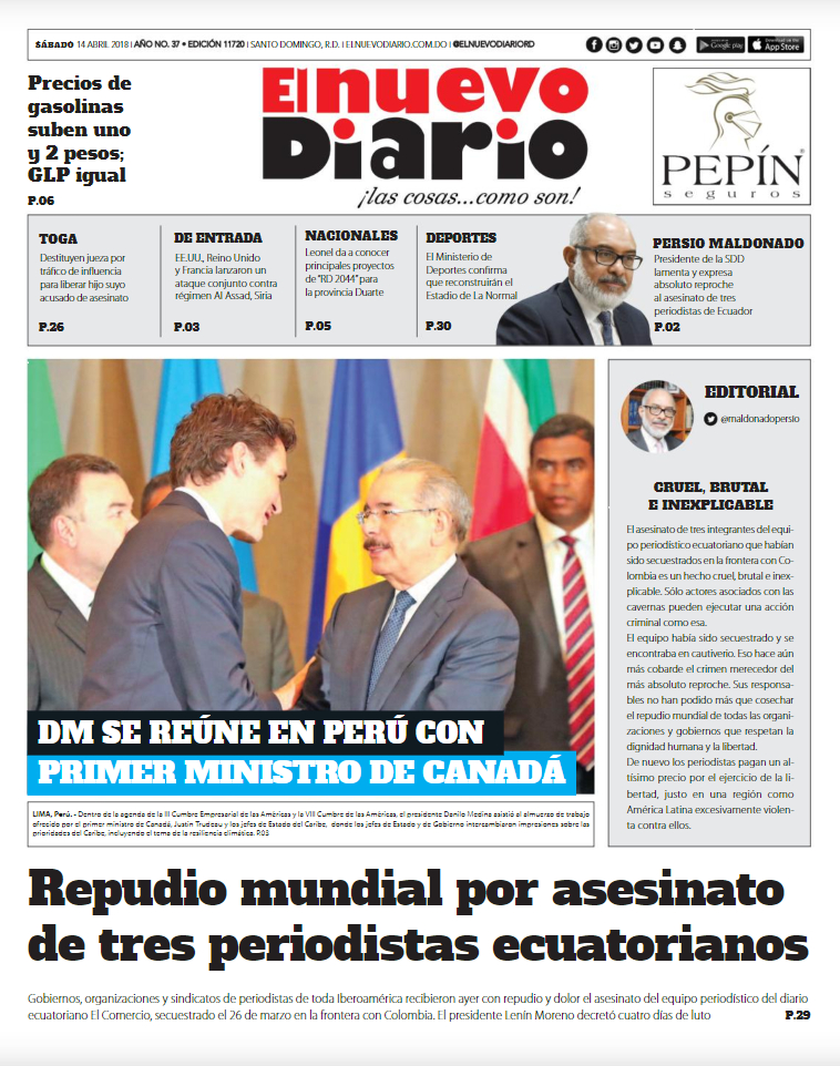 Portada Periódico El Nuevo Diario, Sábado 14 de Abril 2018