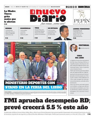 Portada Periódico El Nuevo Diario, Sábado 21 de Abril 2018