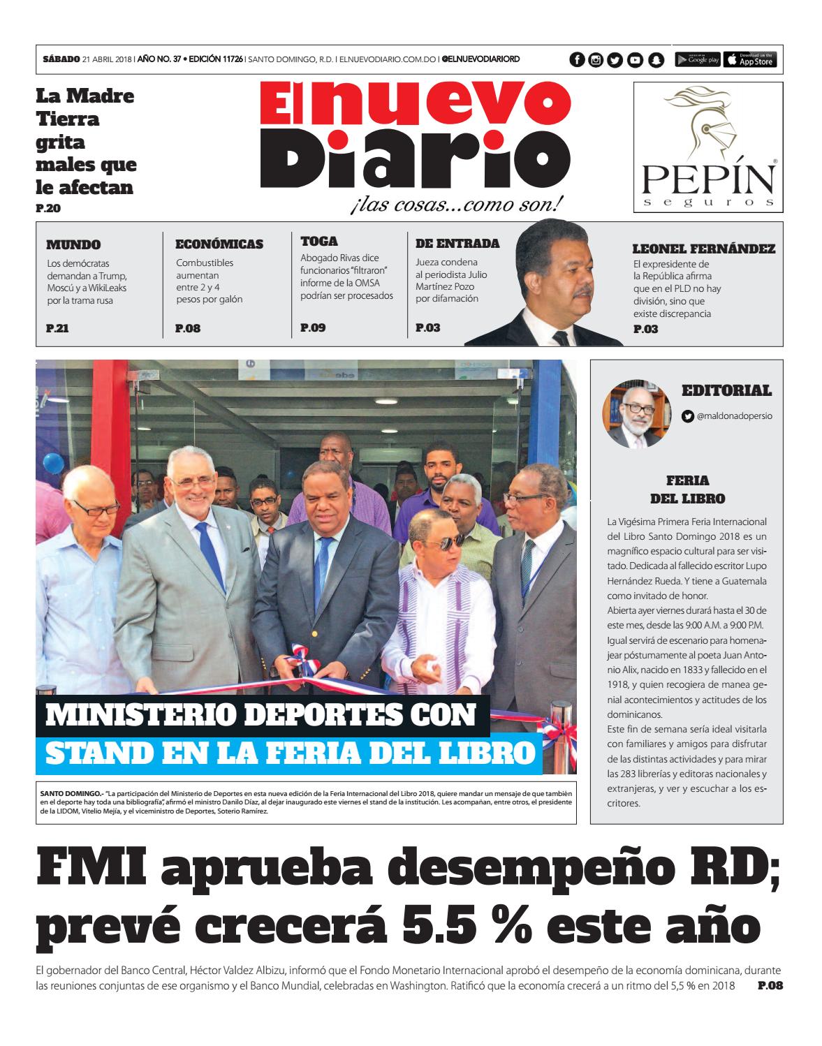 Portada Periódico El Nuevo Diario, Sábado 21 de Abril 2018