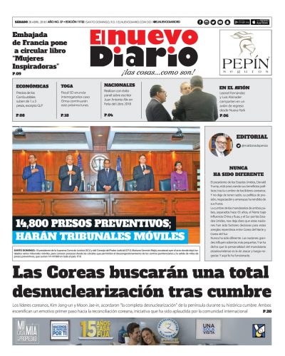 Portada Periódico El Nuevo Diario, Sábado 28 de Abril 2018