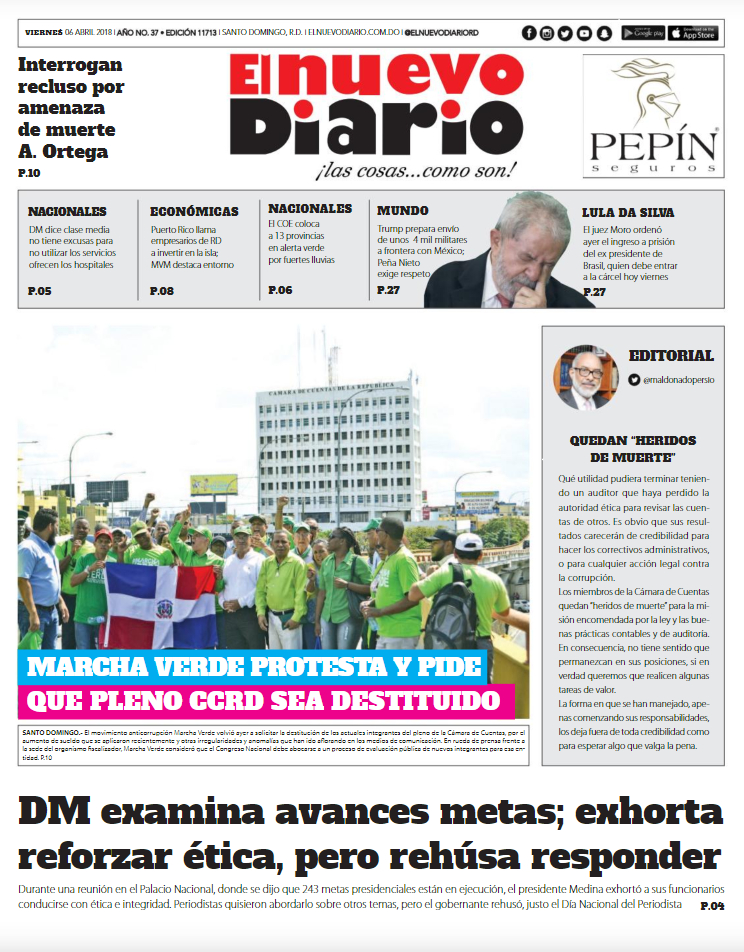 Portada Periódico El Nuevo Diario, Viernes 06 de Abril 2018
