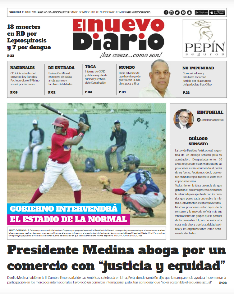 Portada Periódico El Nuevo Diario, Viernes 13 de Abril 2018