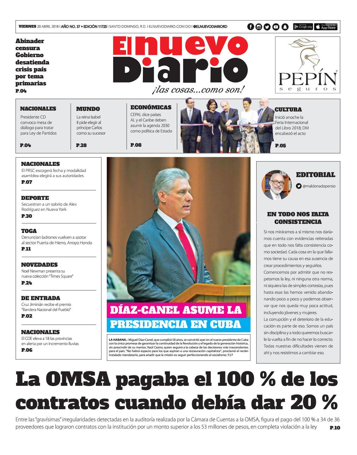 Portada Periódico El Nuevo Diario, Viernes 20 de Abril 2018