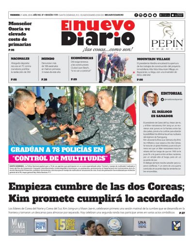 Portada Periódico El Nuevo Diario, Viernes 27 de Abril 2018