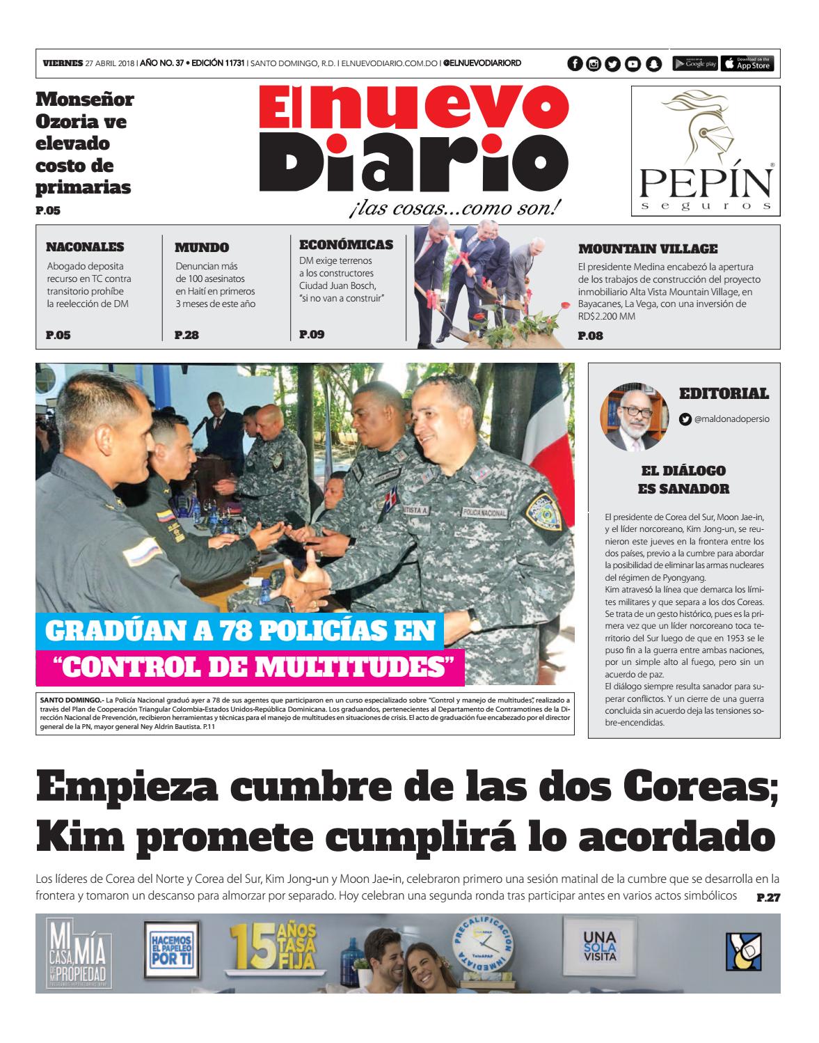 Portada Periódico El Nuevo Diario, Viernes 27 de Abril 2018