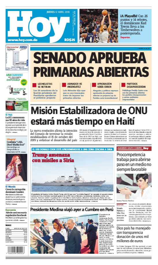 Portada Periódico Hoy, Jueves 12 de Abril 2018