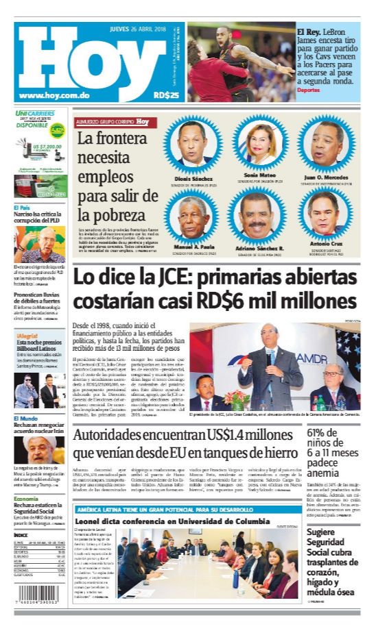 Portada Periódico Hoy, Jueves 26 de Abril 2018