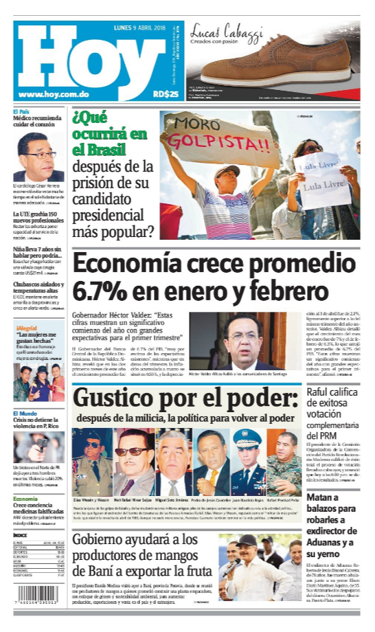 Portada Periódico Hoy, Lunes 09 de Abril 2018