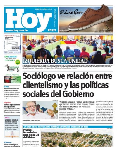 Portada Periódico Hoy, Lunes 16 de Abril 2018