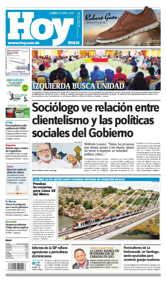 Portada Periódico Hoy, Lunes 16 de Abril 2018