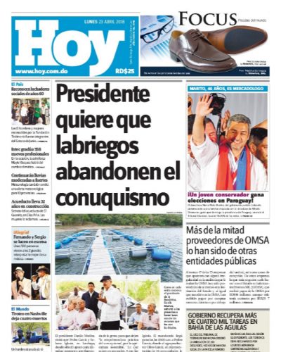 Portada Periódico Hoy, Lunes 23 de Abril 2018