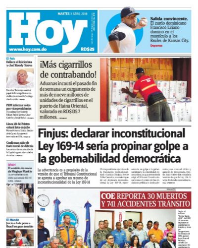 Portada Periódico Hoy, Martes 03 de Abril 2018