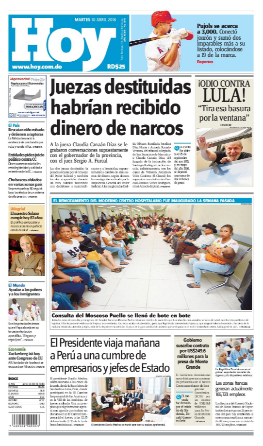 Portada Periódico Hoy, Martes 10 de Abril 2018