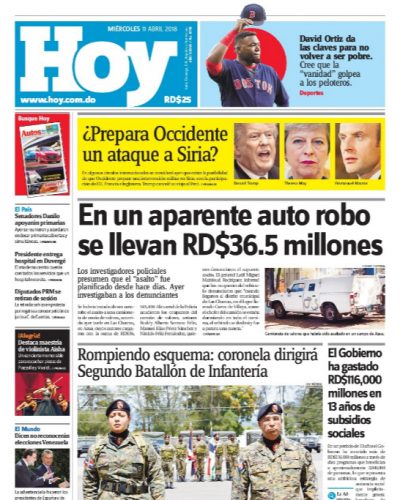 Portada Periódico Hoy, Miércoles 11 de Abril 2018