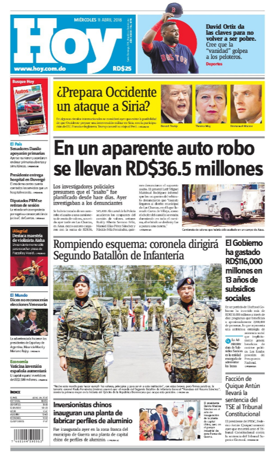 Portada Periódico Hoy, Miércoles 11 de Abril 2018