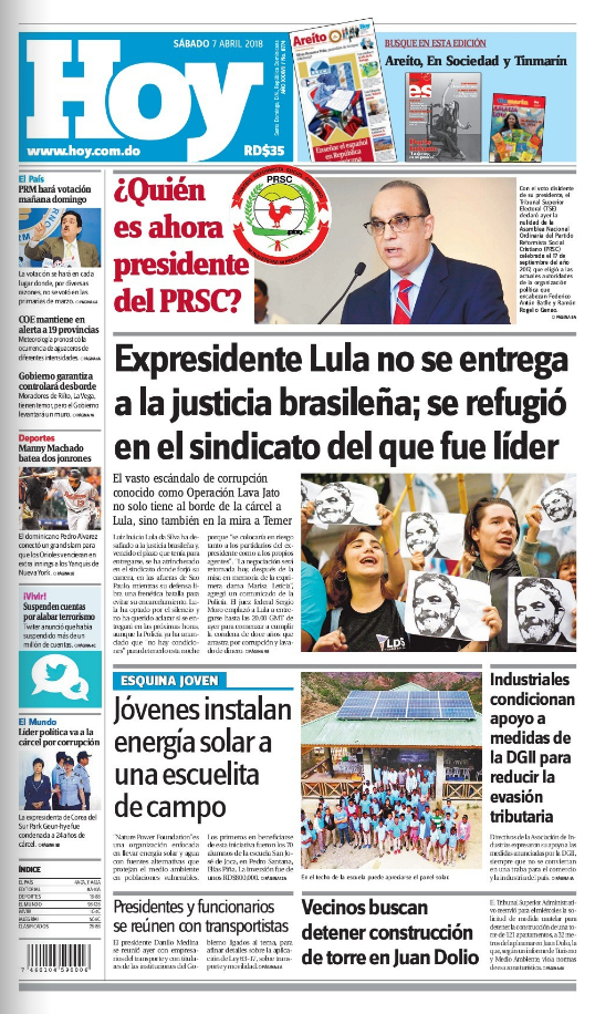 Portada Periódico Hoy, Sábado 07 de Abril 2018