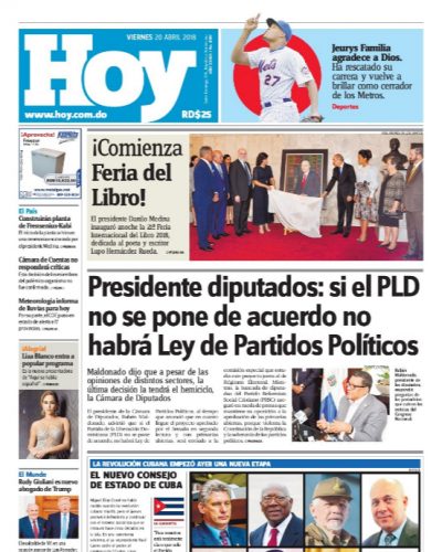Portada Periódico Hoy, Viernes 20 de Abril 2018
