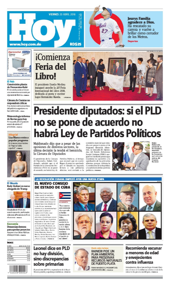 Portada Periódico Hoy, Viernes 20 de Abril 2018