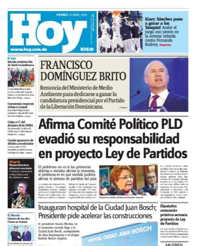 Portada Periódico Hoy, Viernes 27 de Abril 2018