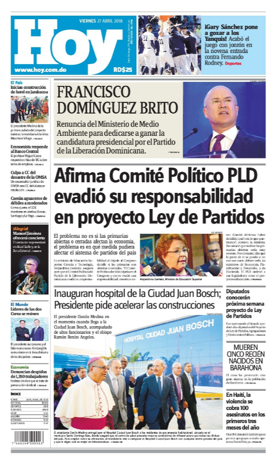 Portada Periódico Hoy, Viernes 27 de Abril 2018