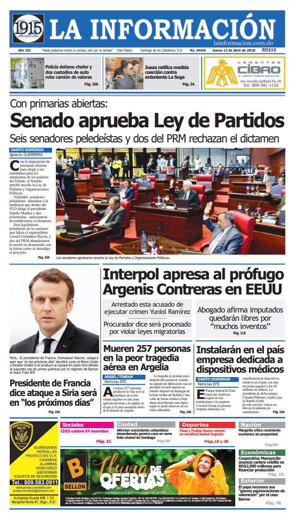 Portada Periódico La Información, Jueves 12 de Abril 2018